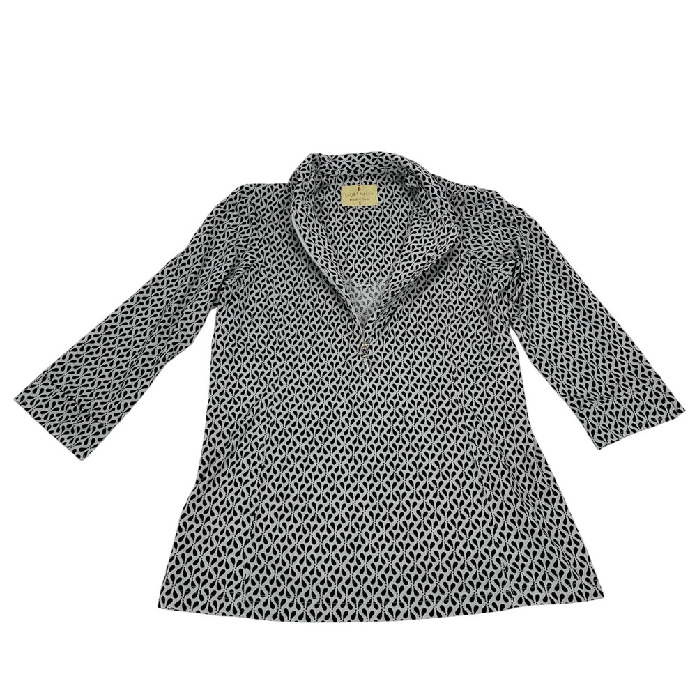 Sport Haley Black White Geometric‎ 3/4 Sleeve Zip Golf Polo Top Women's Small